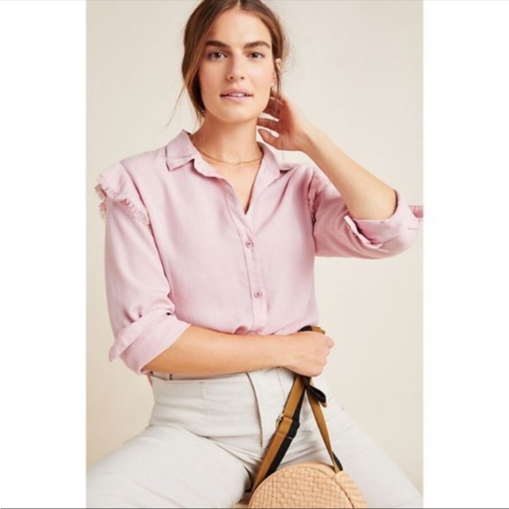 Anthropologie Cloth & Stone Pink Ruffle Fringe Boho Button Down Shirt NWOT